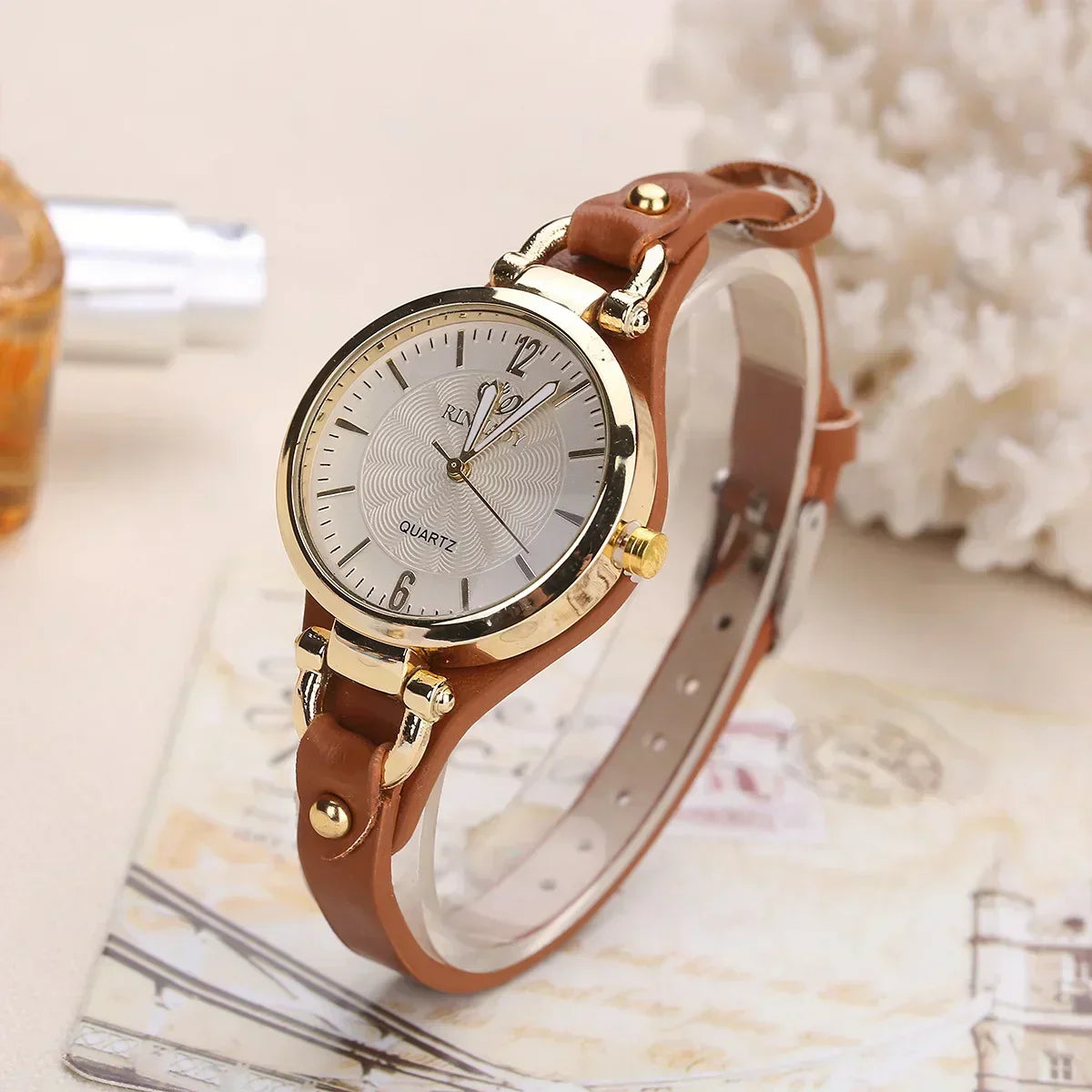 Elegant Quartz Womens Watch Red Accent Leather Strap