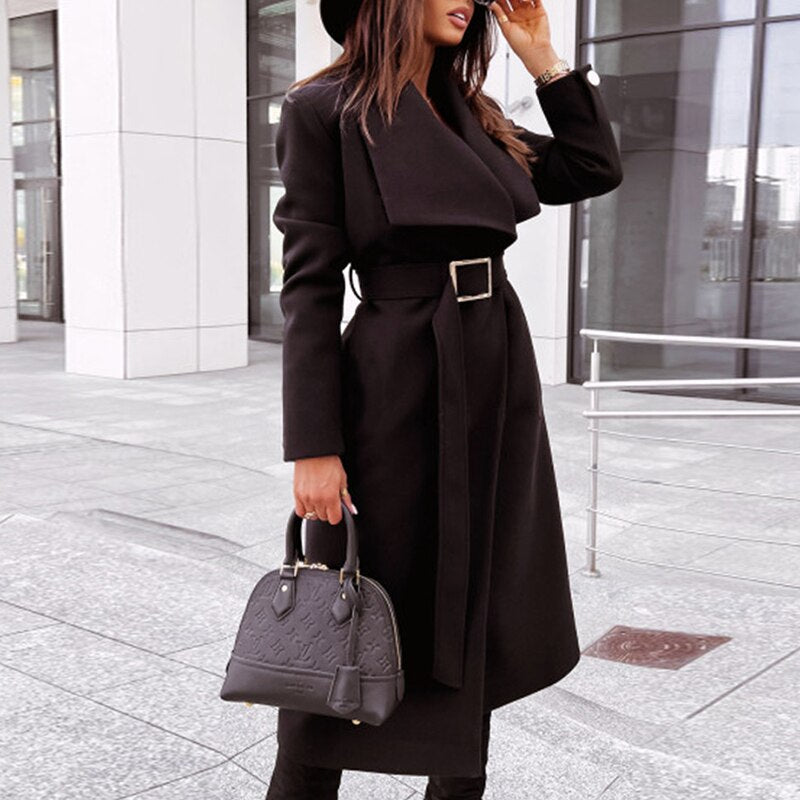 Elegant Wool Belted Winter Coat Women Long Jacket