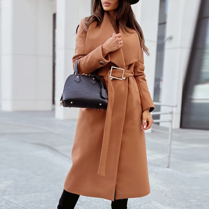 Elegant Wool Belted Winter Coat Women Long Jacket