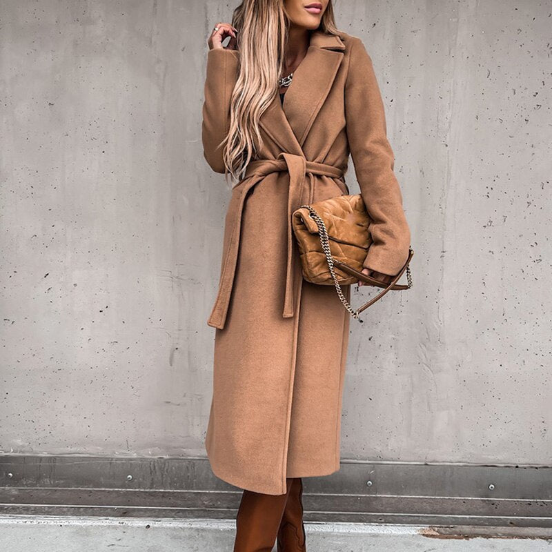 Elegant Wool Belted Winter Coat Women Long Jacket