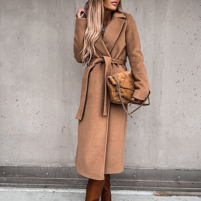 Elegant Wool Belted Winter Coat Women Long Jacket