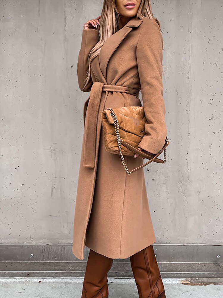 Elegant Wool Belted Winter Coat Women Long Jacket