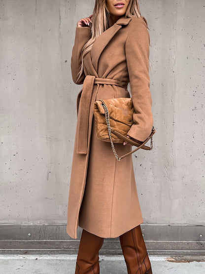 Elegant Wool Belted Winter Coat Women Long Jacket