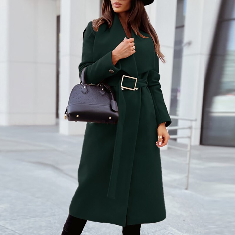 Elegant Wool Belted Winter Coat Women Long Jacket