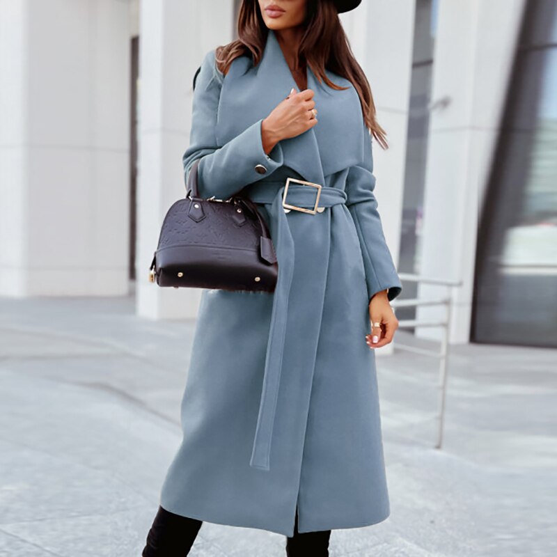 Elegant Wool Belted Winter Coat Women Long Jacket
