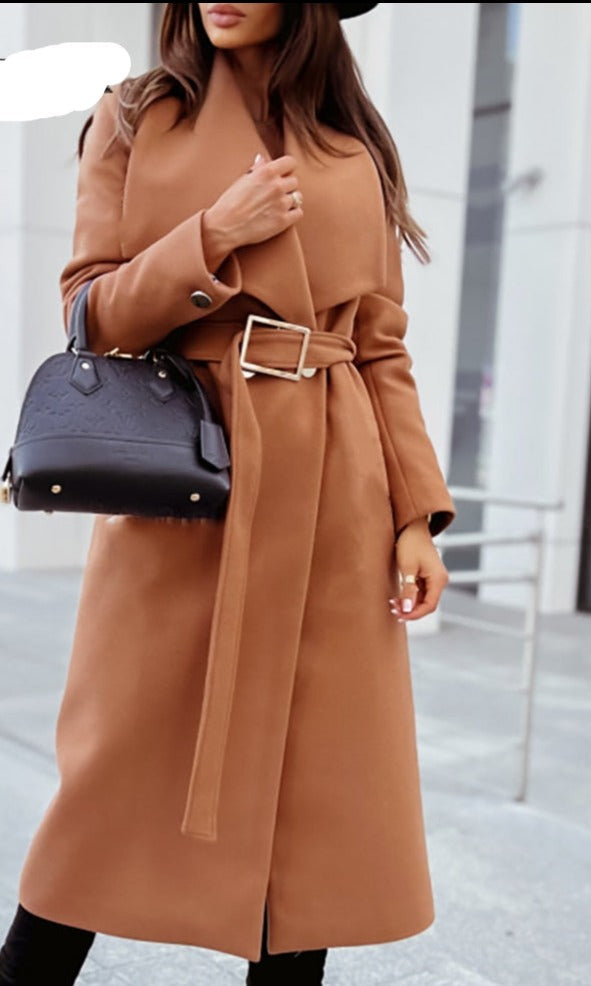 Elegant Wool Belted Winter Coat Women Long Jacket