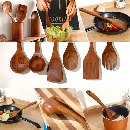 7-Piece Wooden Kitchen Utensil Set for Pots, Pans & Everyday Cooking