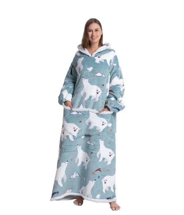 Extra Long Polar Bear Hoodie Blanket Sherpa Fleece Wearable Blanket