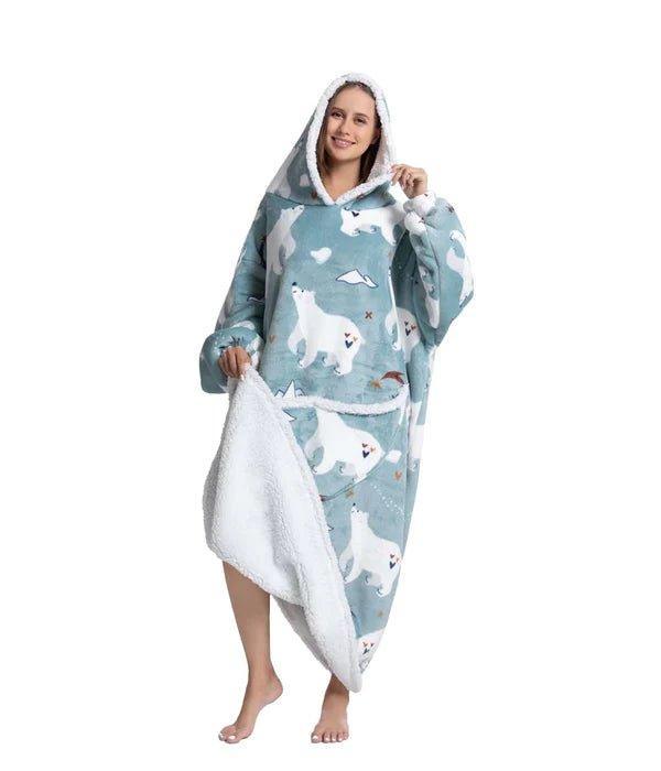 Extra Long Polar Bear Hoodie Blanket Sherpa Fleece Wearable Blanket