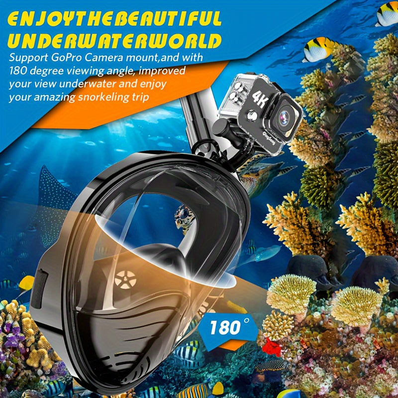 Full Face Snorkel Mask Panoramic View Anti Fog Breathing System Camera Mount