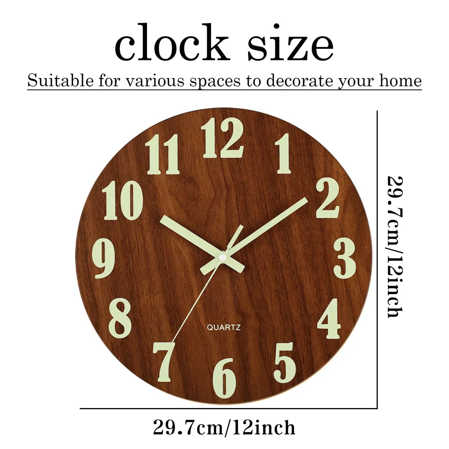 Glow In Dark Wall Clock Wooden Silent Non Ticking Home Clock