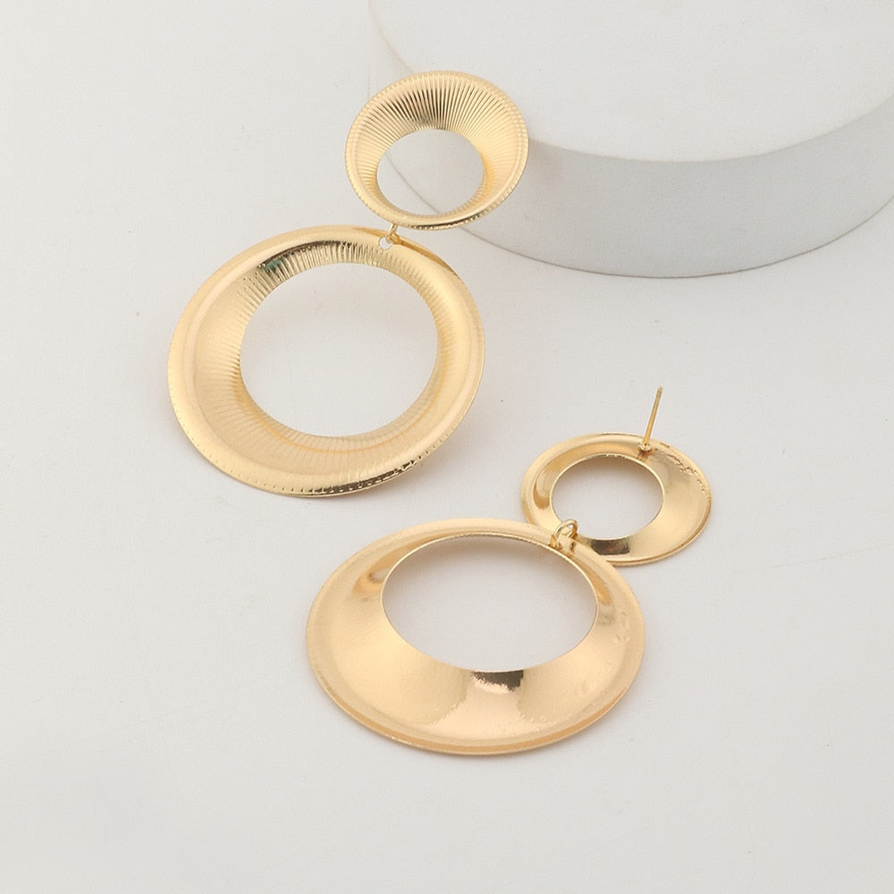 Gold Circle Statement Earrings 3D Double Ring Fashion Jewelry