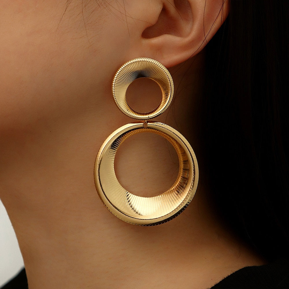 Gold Circle Statement Earrings 3D Double Ring Fashion Jewelry