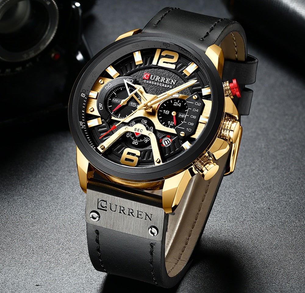 Luxury Mens Quartz Watch Leather Strap Waterproof