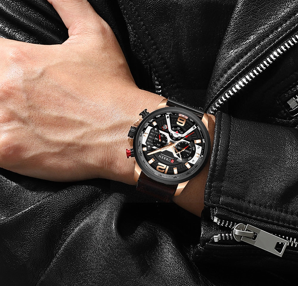 Luxury Mens Quartz Watch Leather Strap Waterproof