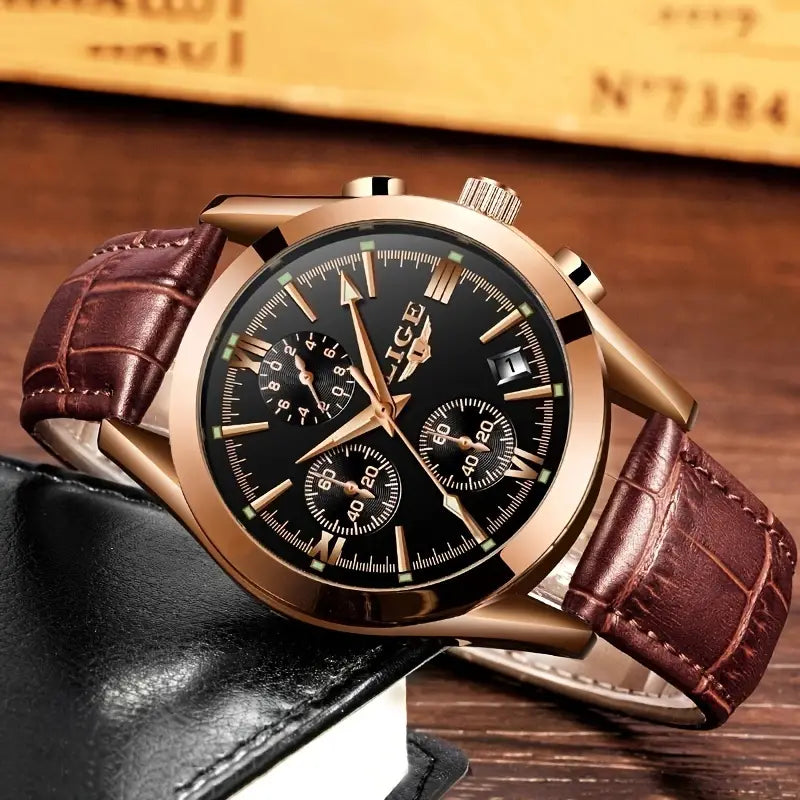 Luxury Military Quartz Watch Rose Gold Black Stainless Steel