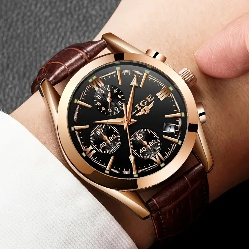 Luxury Military Quartz Watch Rose Gold Black Stainless Steel