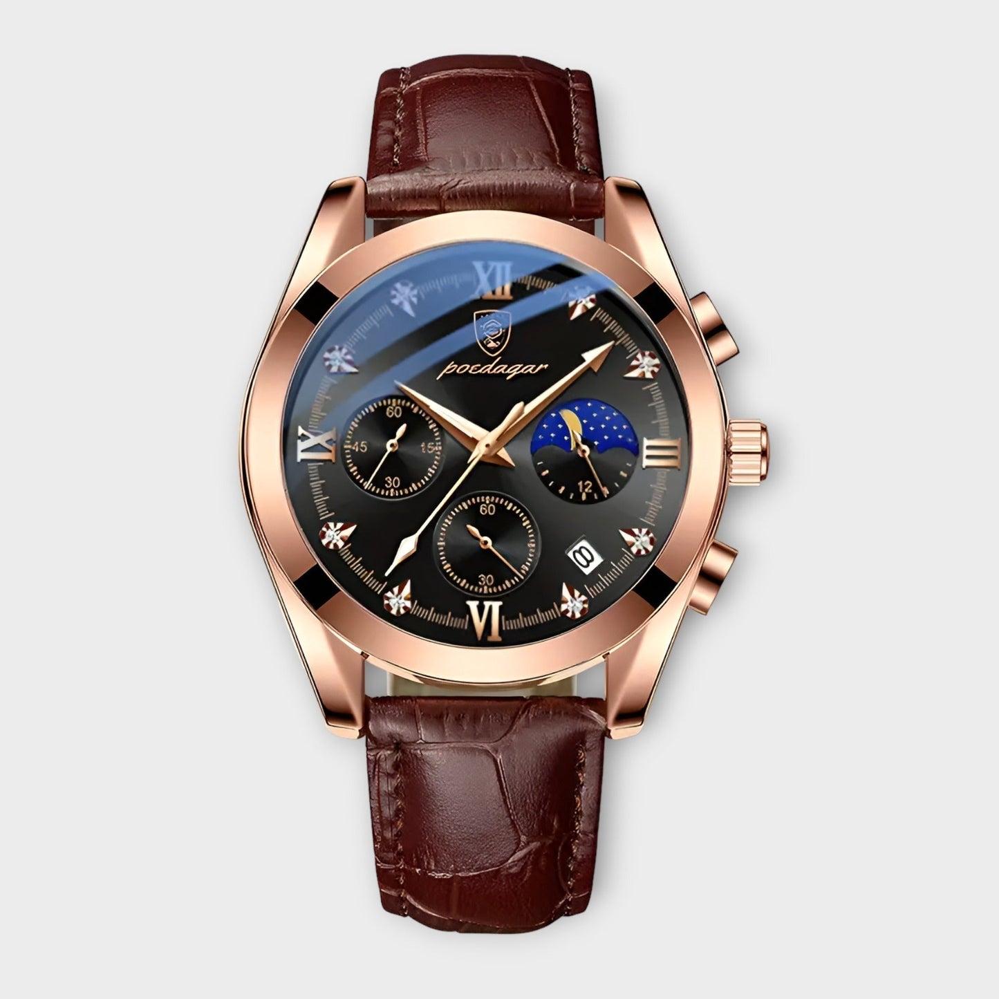 Luxury Quartz Watch Brown Gold Stainless Steel Mens Wristwatch