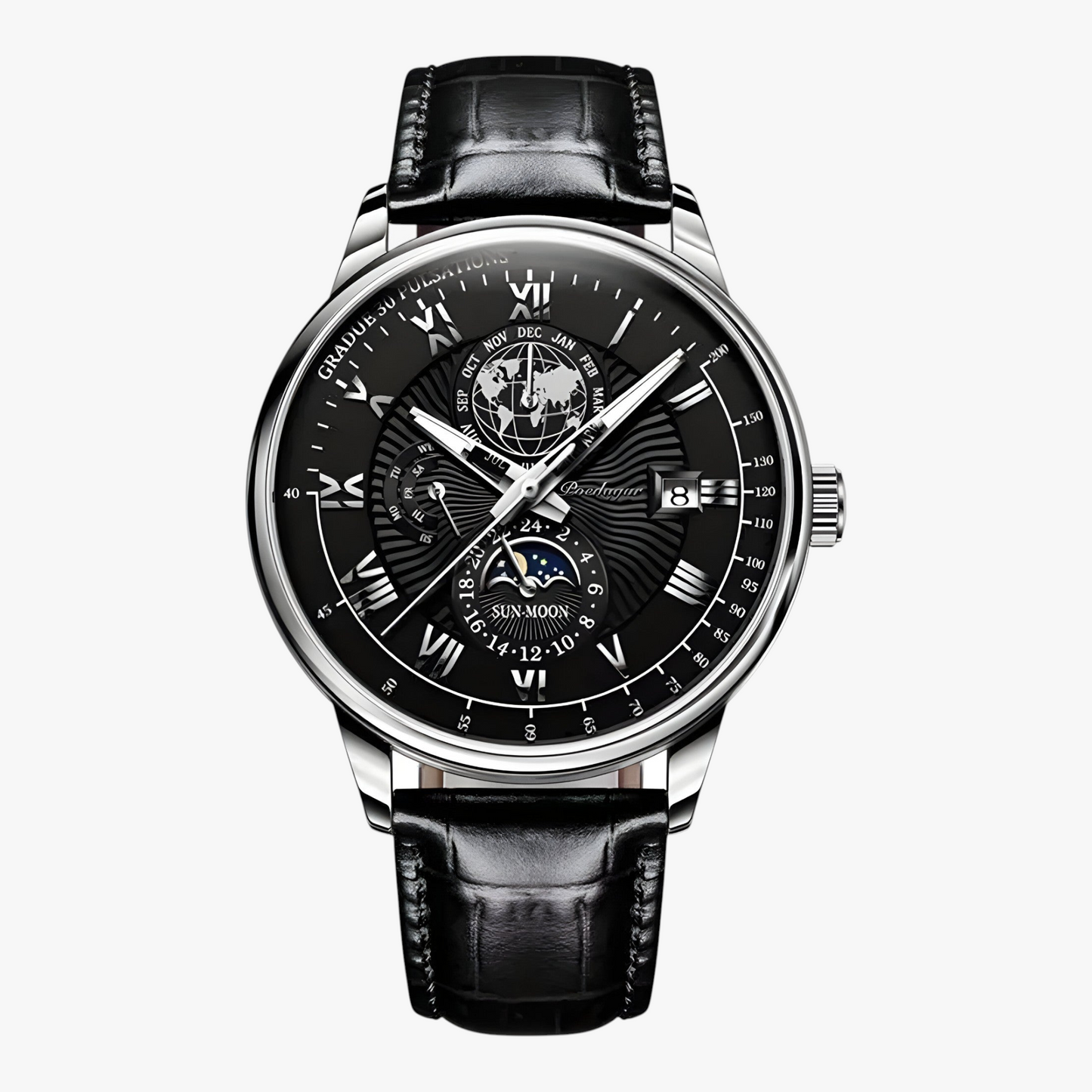 Mens Automatic Mechanical Watch Moon Phase Stainless Steel Wristwatch