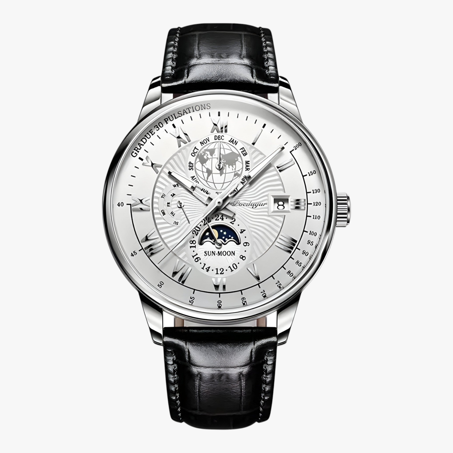 Mens Automatic Mechanical Watch Moon Phase Stainless Steel Wristwatch