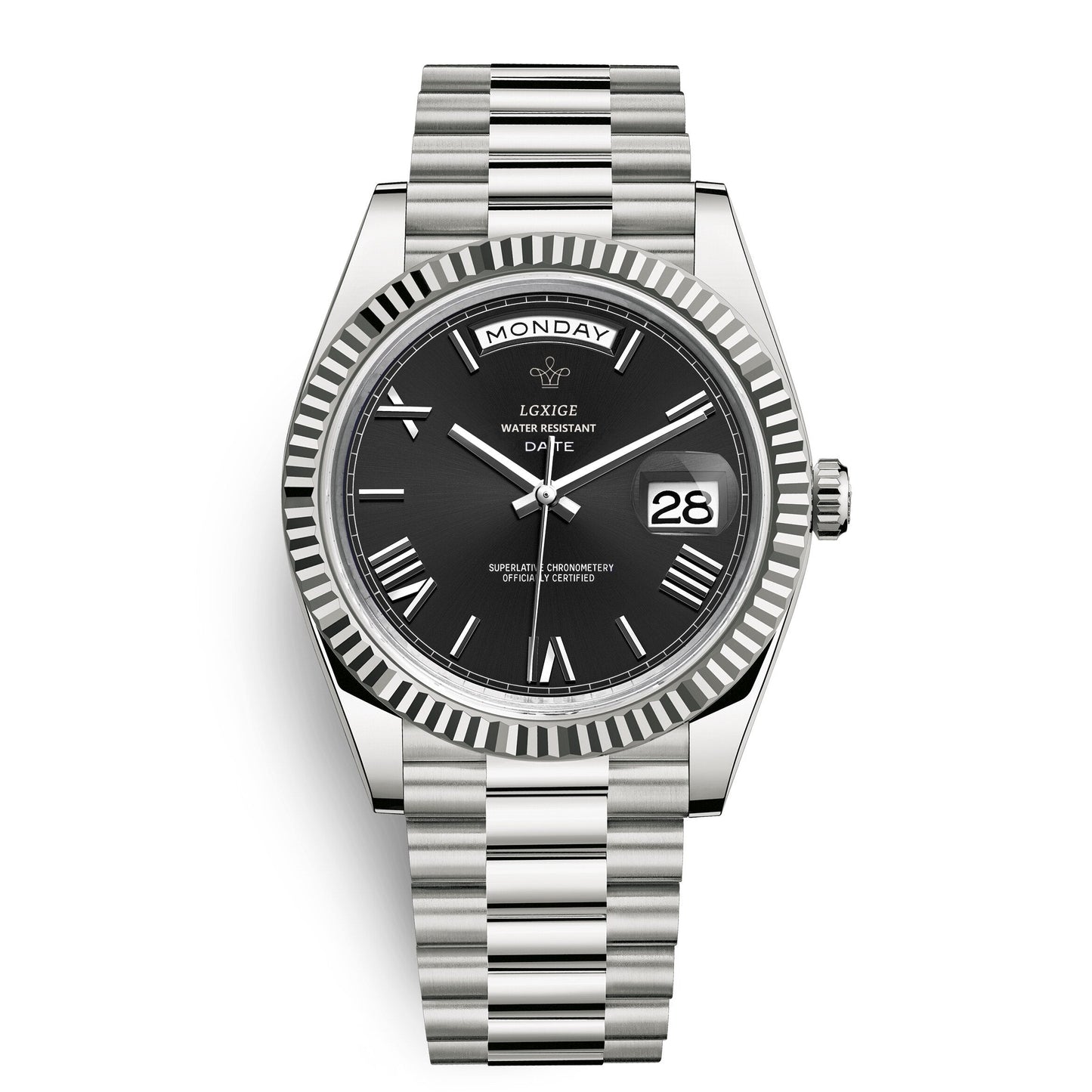 Mens Automatic Watch Day Date Mechanical Stainless Steel Wristwatch