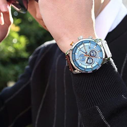 Mens Chronograph Leather Strap Quartz Watch