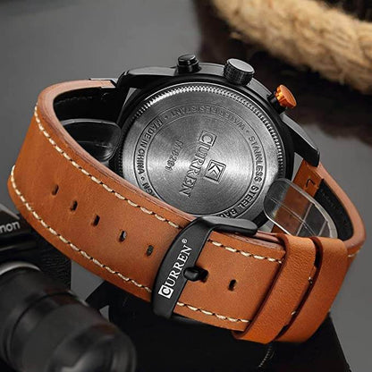 Mens Chronograph Leather Strap Quartz Watch