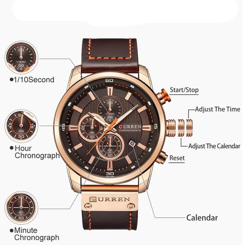 Mens Chronograph Leather Strap Quartz Watch