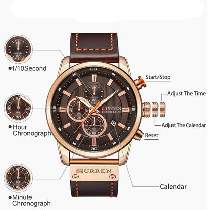 Mens Chronograph Leather Strap Quartz Watch