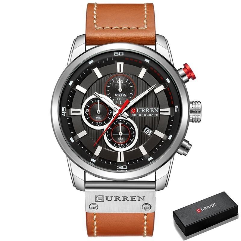 Mens Chronograph Leather Strap Quartz Watch