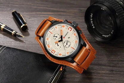 Mens Chronograph Leather Watch Classic Date Display Wristwatch