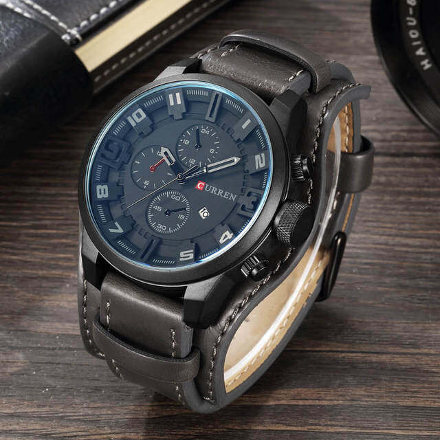 Mens Chronograph Leather Watch Classic Date Display Wristwatch