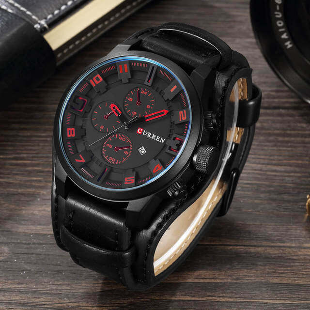 Mens Chronograph Leather Watch Classic Date Display Wristwatch