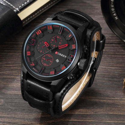 Mens Chronograph Leather Watch Classic Date Display Wristwatch