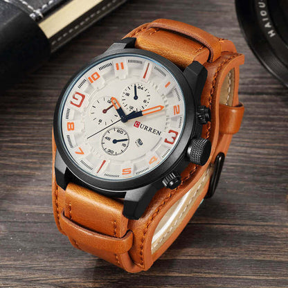 Mens Chronograph Leather Watch Classic Date Display Wristwatch