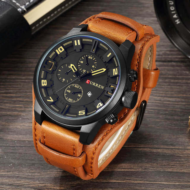 Mens Chronograph Leather Watch Classic Date Display Wristwatch