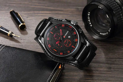 Mens Chronograph Leather Watch Classic Date Display Wristwatch