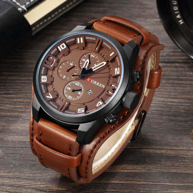 Mens Chronograph Leather Watch Classic Date Display Wristwatch
