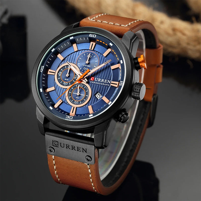 Mens Chronograph Watch Quartz Leather Strap Waterproof Analog Timepiece