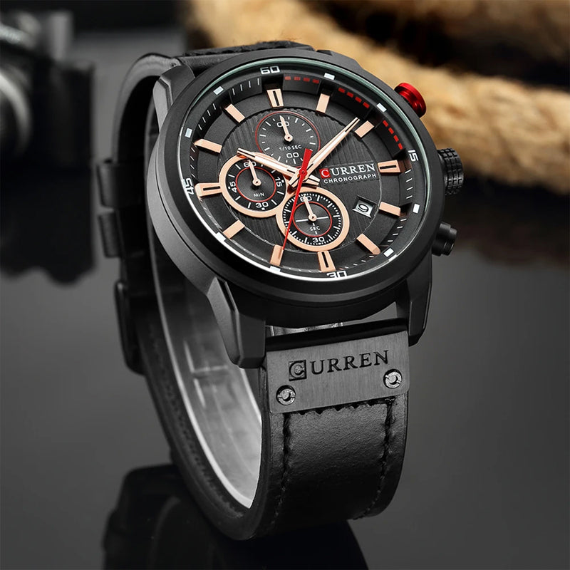 Mens Chronograph Watch Quartz Leather Strap Waterproof Analog Timepiece
