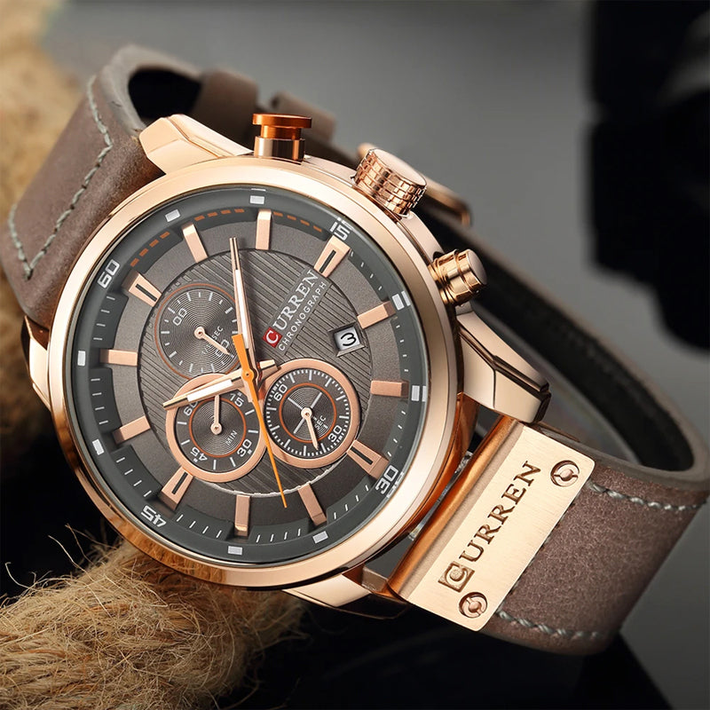 Mens Chronograph Watch Quartz Leather Strap Waterproof Analog Timepiece