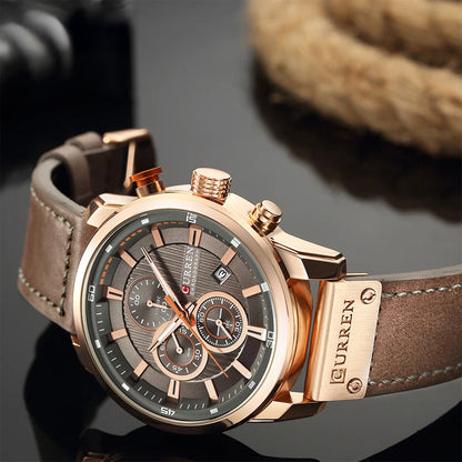 Mens Chronograph Watch Quartz Leather Strap Waterproof Analog Timepiece