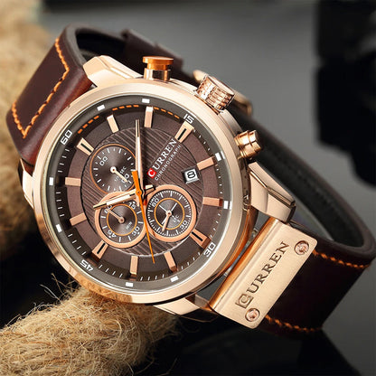 Mens Chronograph Watch Quartz Leather Strap Waterproof Analog Timepiece