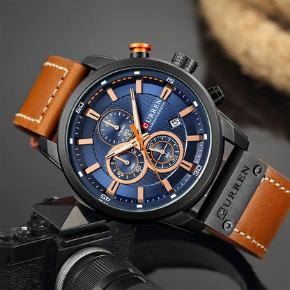 Mens Chronograph Watch Quartz Leather Strap Waterproof Analog Timepiece