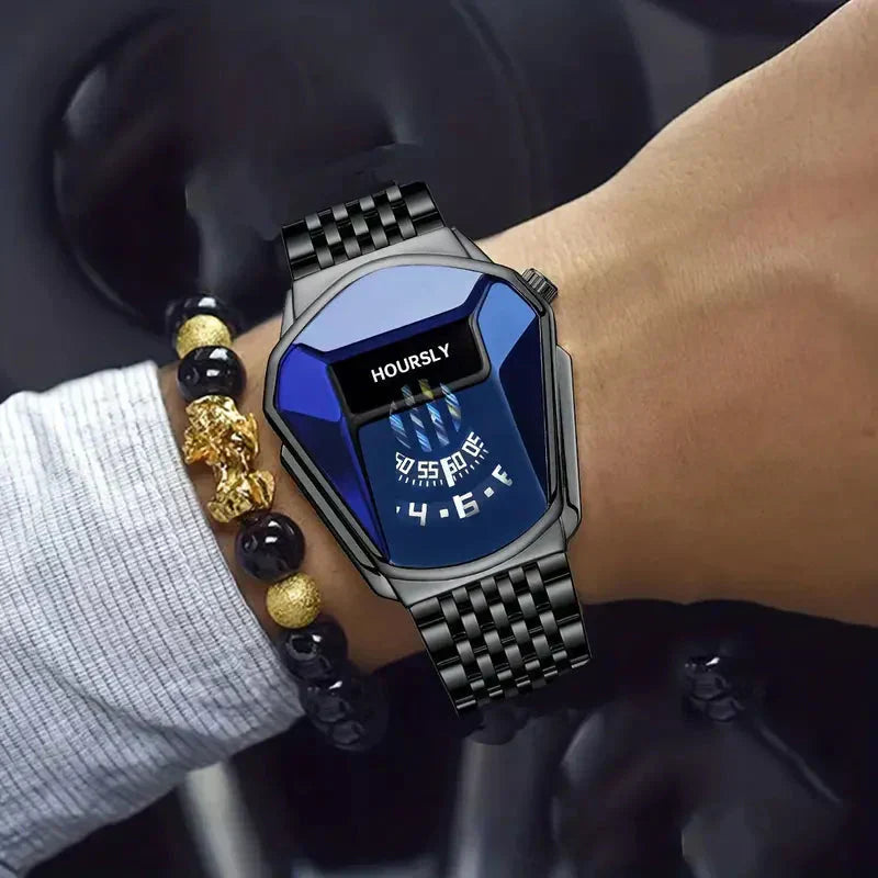 Mens Digital Quartz Watch Stainless Steel Strap Oval Case