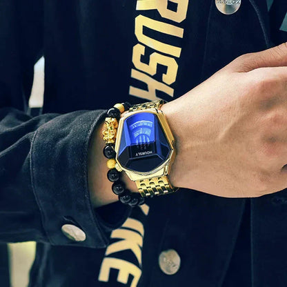 Mens Digital Quartz Watch Stainless Steel Strap Oval Case