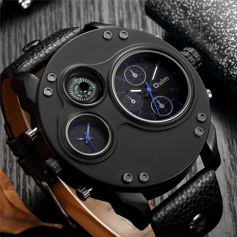 Mens Dual Time Watch Leather Strap Stainless Steel Wristwatch