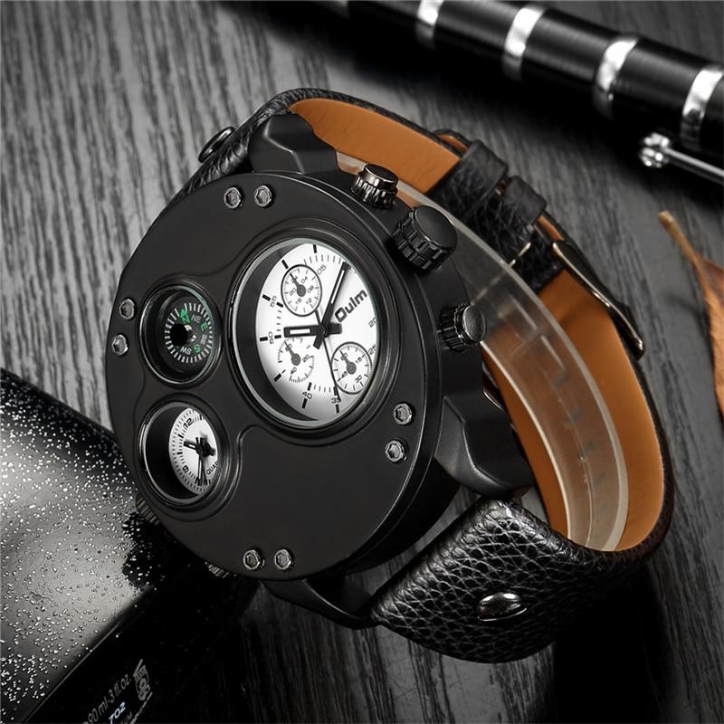 Mens Dual Time Watch Leather Strap Stainless Steel Wristwatch