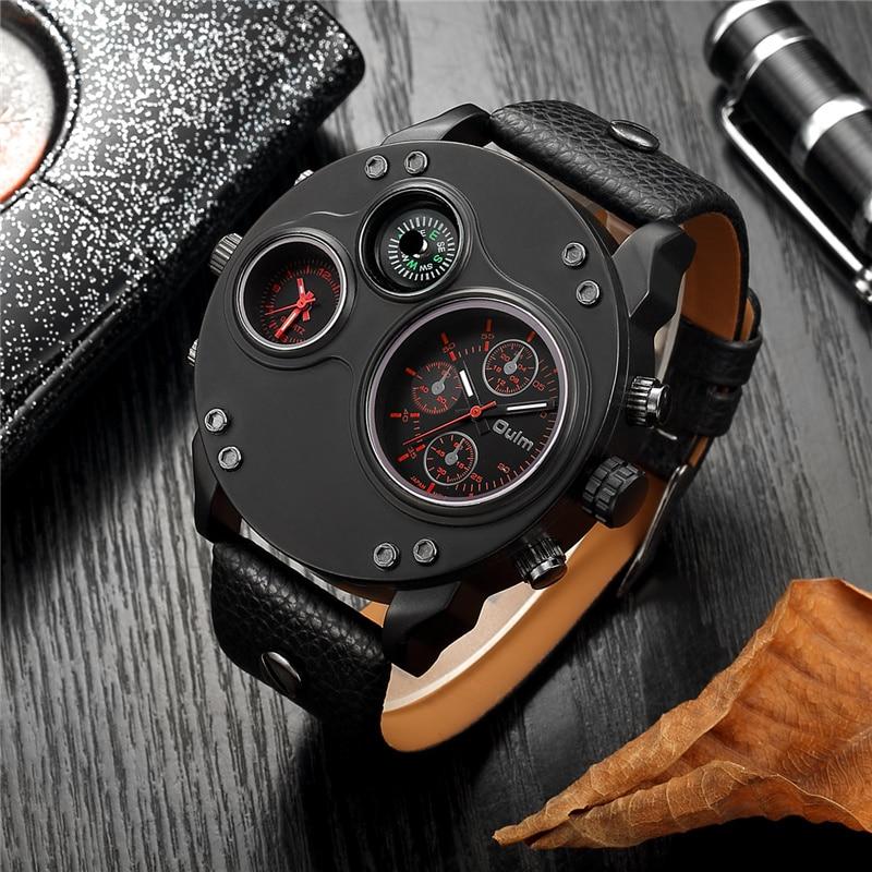 Mens Dual Time Watch Leather Strap Stainless Steel Wristwatch