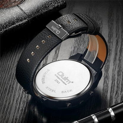 Mens Dual Time Watch Leather Strap Stainless Steel Wristwatch